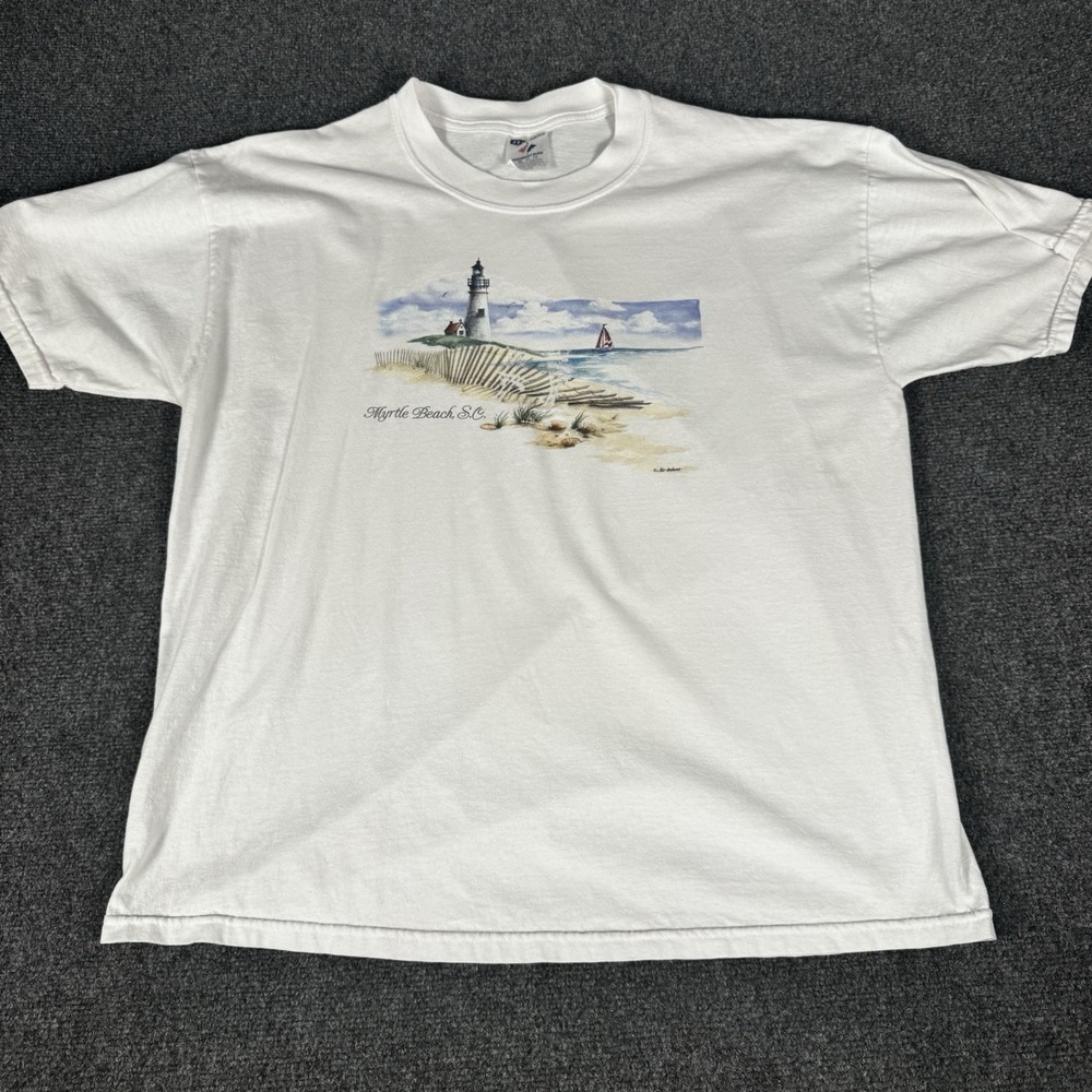 Vintage Myrtle Beach SC T Shirt White Watercolor Lighthouse Sailboat Beach Scene - Picture 1 of 8